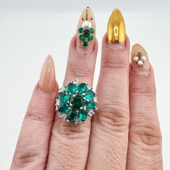 Vintage Art Deco Green 925 1930s Cluster Ring Dazzling Statement Flower - Picture 6 of 10
